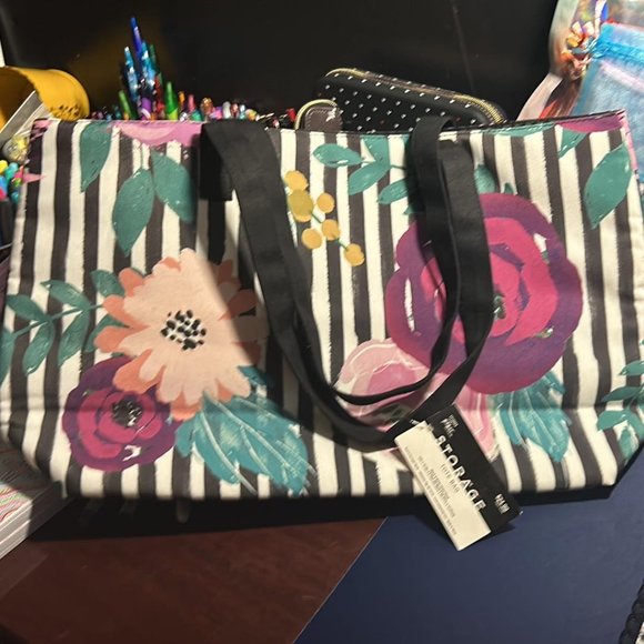 The Paper Studio Storage Tote Bag Black & White Stripe Floral - NEW w/tag - Picture 2 of 5